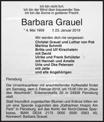 Traueranzeige von Barbara Grauel von Flensburger Tageblatt