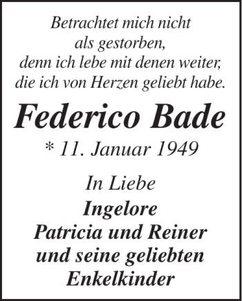 Traueranzeige von Federico Bade von Eckernförder Zeitung