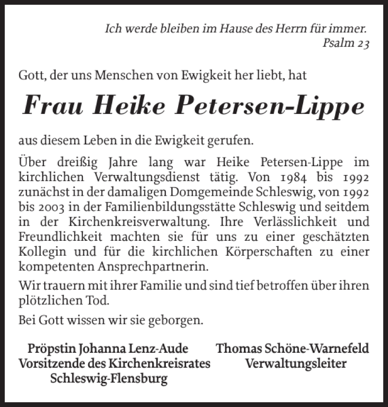  Traueranzeige für Frau Heike Petersen-Lippe vom 19.01.2019 aus Schleswiger Nachrichten