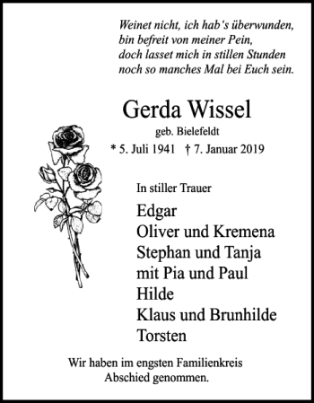 Traueranzeige von Gerda Wissel von Uetersener Nachrichten