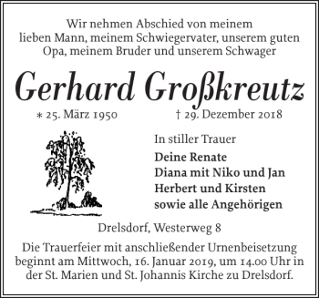 Traueranzeige von Gerhard Großkreutz von Husumer Nachrichten