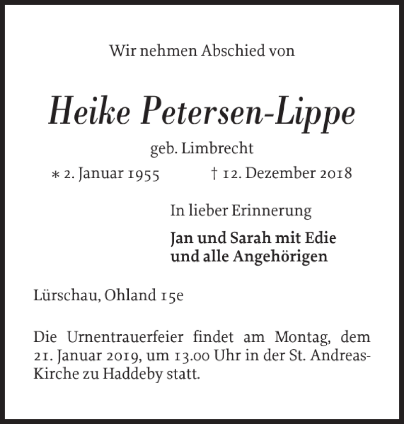  Traueranzeige für Heike Petersen-Lippe vom 19.01.2019 aus Schleswiger Nachrichten