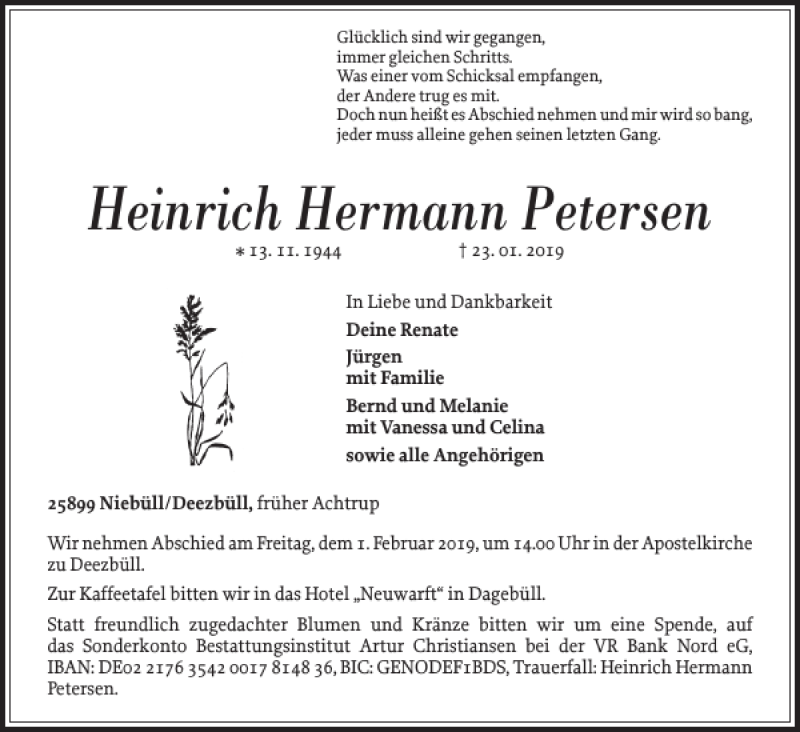  Traueranzeige für Heinrich Hermann Petersen vom 26.01.2019 aus Nordfriesland Tageblatt