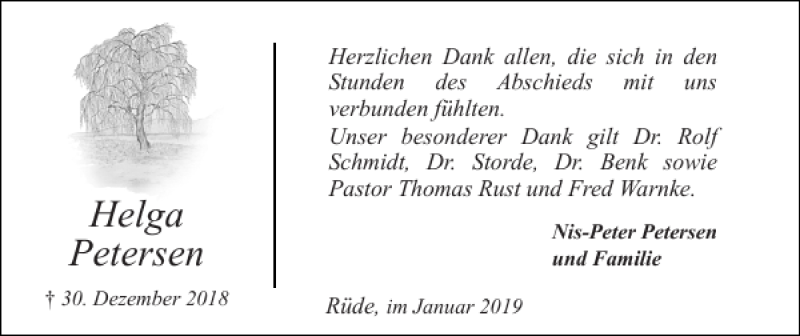  Traueranzeige für Helga Petersen vom 26.01.2019 aus Flensburger Tageblatt