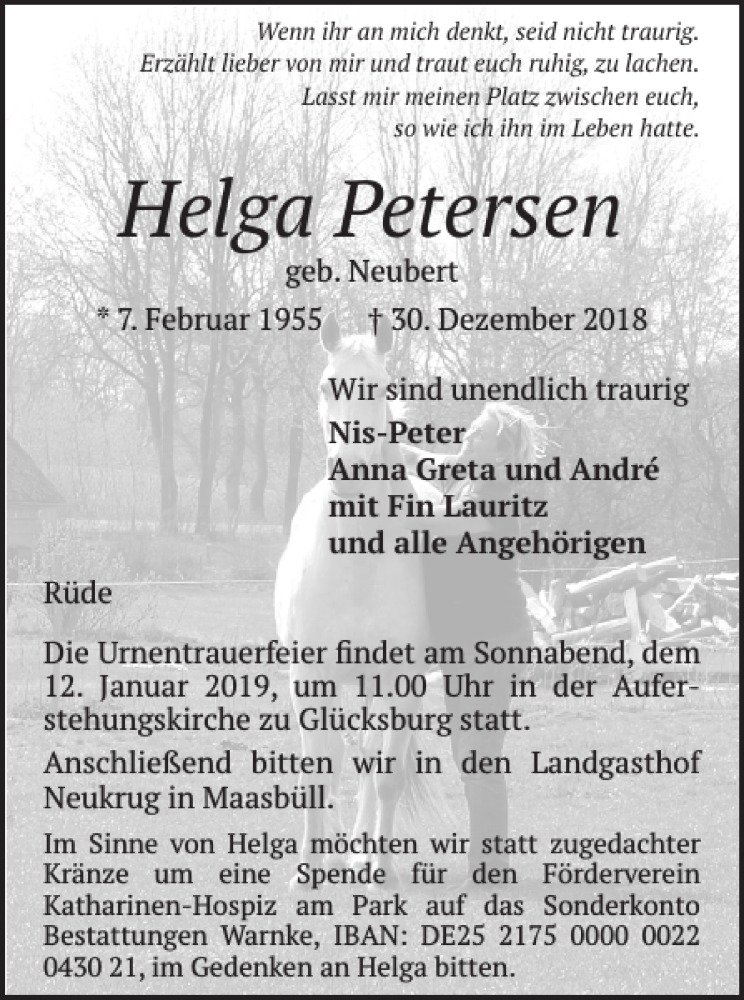  Traueranzeige für Helga Petersen vom 05.01.2019 aus Flensburger Tageblatt