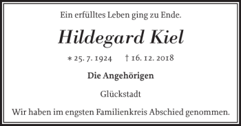 Traueranzeige von Hildegard Kiel von Norddeutsche Rundschau