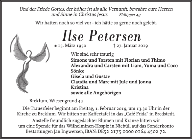  Traueranzeige für Ilse Petersen vom 30.01.2019 aus Flensburger Tageblatt