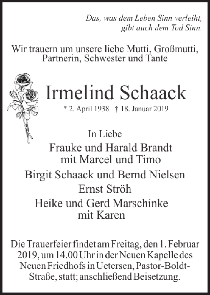  Traueranzeige für Irmelind Schaack vom 26.01.2019 aus Uetersener Nachrichten