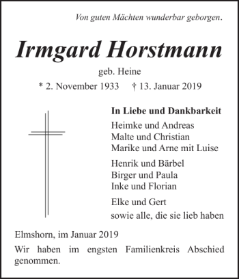 Traueranzeige von Irmgard Horstmann von Elmshorner Nachrichten