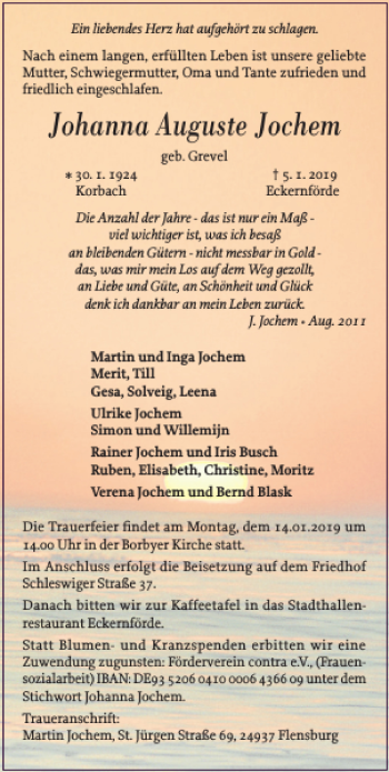 Traueranzeige von Johanna Auguste Jochem von Eckernförder Zeitung