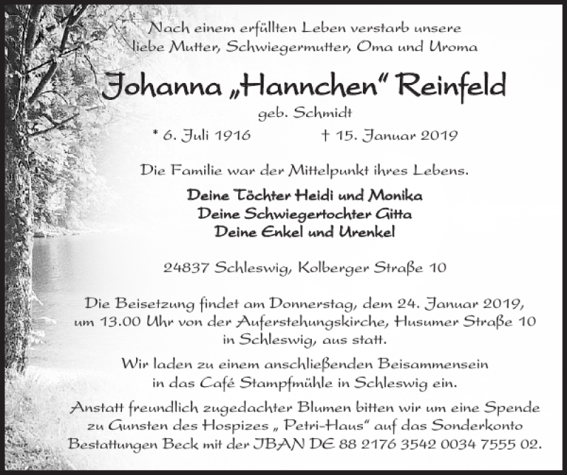  Traueranzeige für Johanna Hannchen Reinfeld vom 19.01.2019 aus Schleswiger Nachrichten