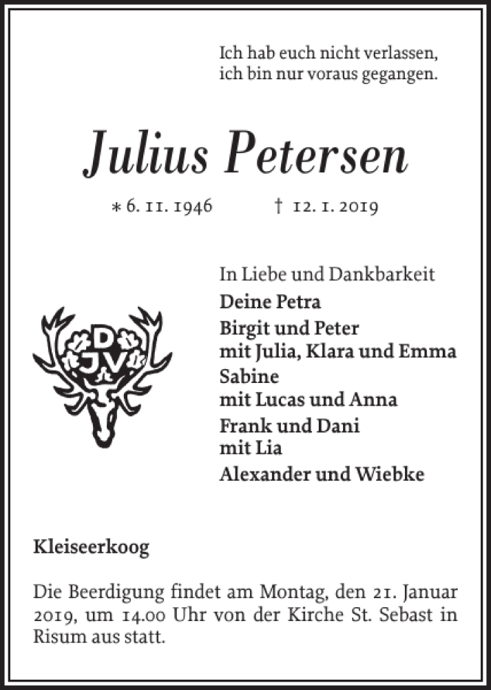  Traueranzeige für Julius Petersen vom 16.01.2019 aus Nordfriesland Tageblatt