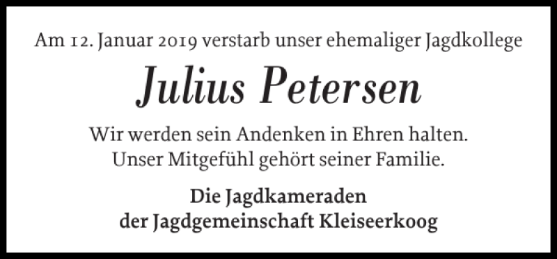 Traueranzeige für Julius Petersen vom 21.01.2019 aus Nordfriesland Tageblatt