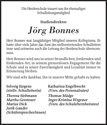 Traueranzeige von Jörg Bonnes von Landeszeitung