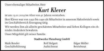 Traueranzeige von Kurt Klever von Flensburger Tageblatt