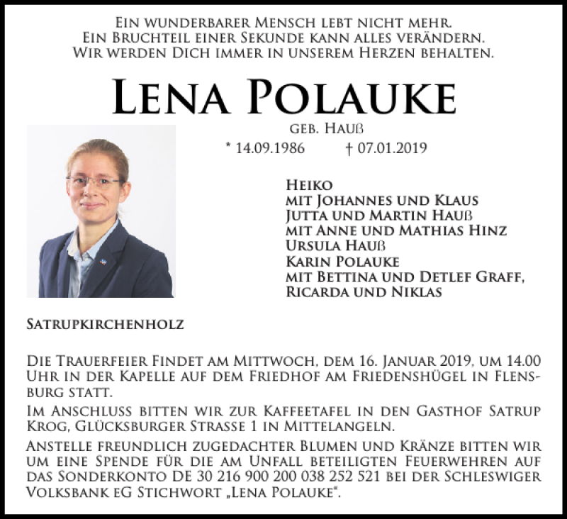  Traueranzeige für Lena Polauke vom 12.01.2019 aus Flensburger Tageblatt