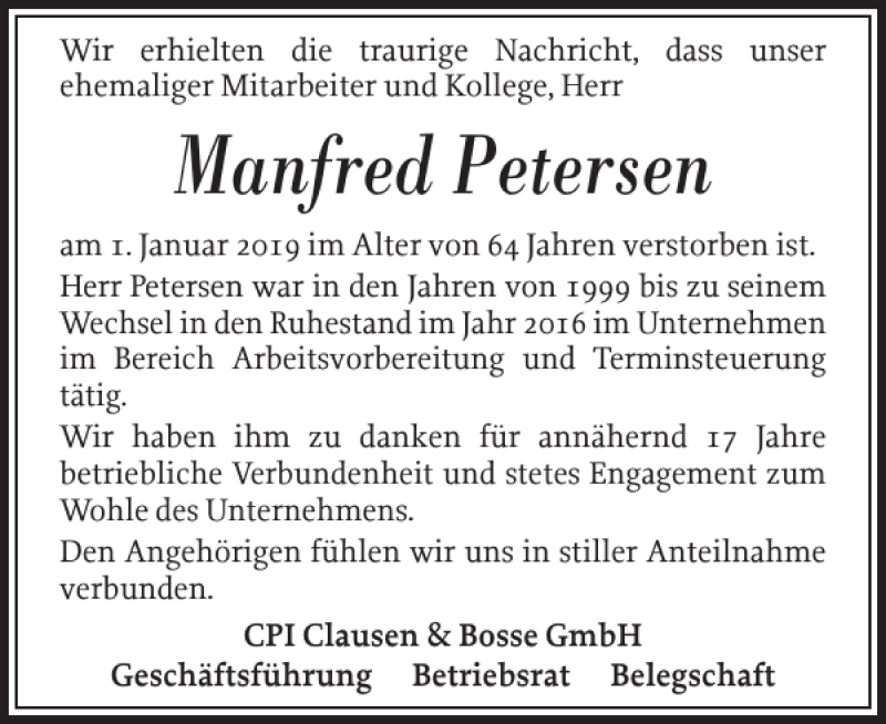  Traueranzeige für Manfred Petersen vom 09.01.2019 aus Nordfriesland Tageblatt