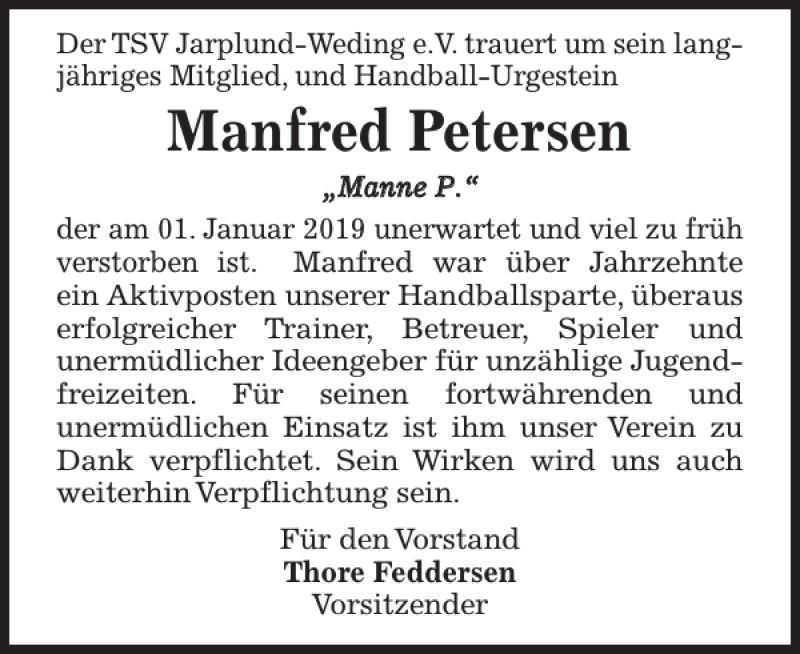  Traueranzeige für Manfred Petersen vom 09.01.2019 aus Flensburger Tageblatt
