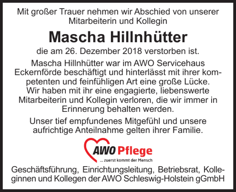  Traueranzeige für Mascha Hillnhütter vom 12.01.2019 aus Eckernförder Zeitung