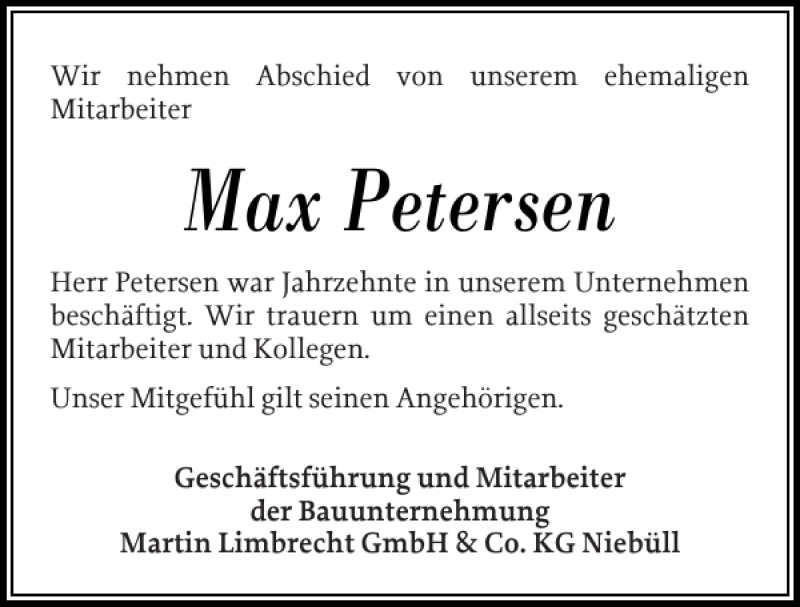  Traueranzeige für Max Petersen vom 17.01.2019 aus Husumer Nachrichten