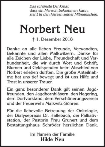 Traueranzeige von Norbert Neu von Ostholsteiner Anzeiger