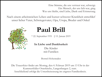 Traueranzeige von Paul Brill von Pinneberger Tageblatt