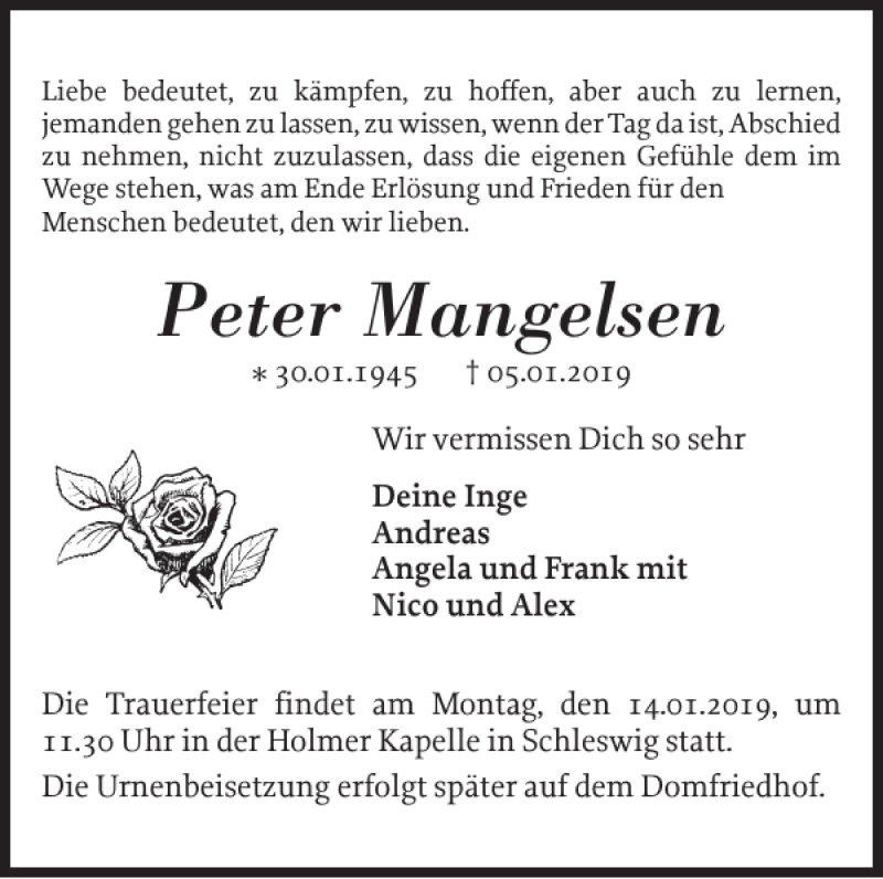  Traueranzeige für Peter Mangelsen vom 10.01.2019 aus Schleswiger Nachrichten
