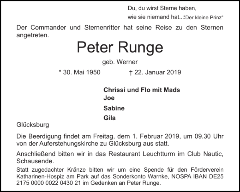  Traueranzeige für Peter Runge vom 26.01.2019 aus Flensburger Tageblatt