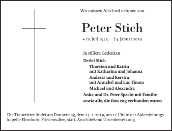 Traueranzeige von Peter Stich von Elmshorner Nachrichten