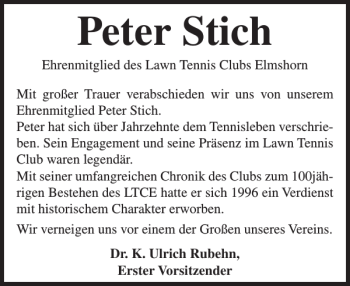 Traueranzeige von Peter Stich von Elmshorner Nachrichten