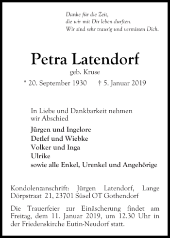Traueranzeige von Petra Latendorf von Ostholsteiner Anzeiger