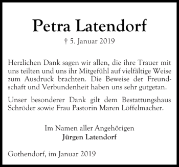 Traueranzeige von Petra Latendorf von Ostholsteiner Anzeiger
