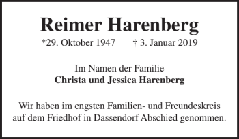 Traueranzeige von Reimer Harenberg von Flensburger Tageblatt