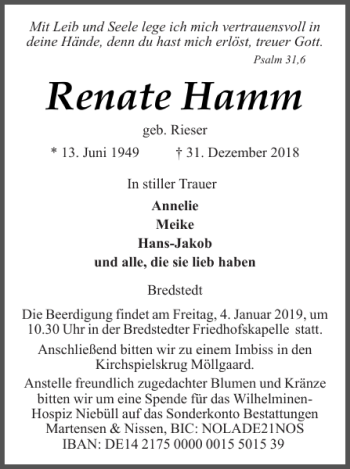 Traueranzeige von Renate Hamm von Husumer Nachrichten
