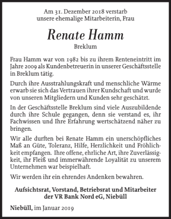 Traueranzeige von Renate Hamm von Husumer Nachrichten