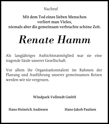 Traueranzeige von Renate Hamm von Husumer Nachrichten
