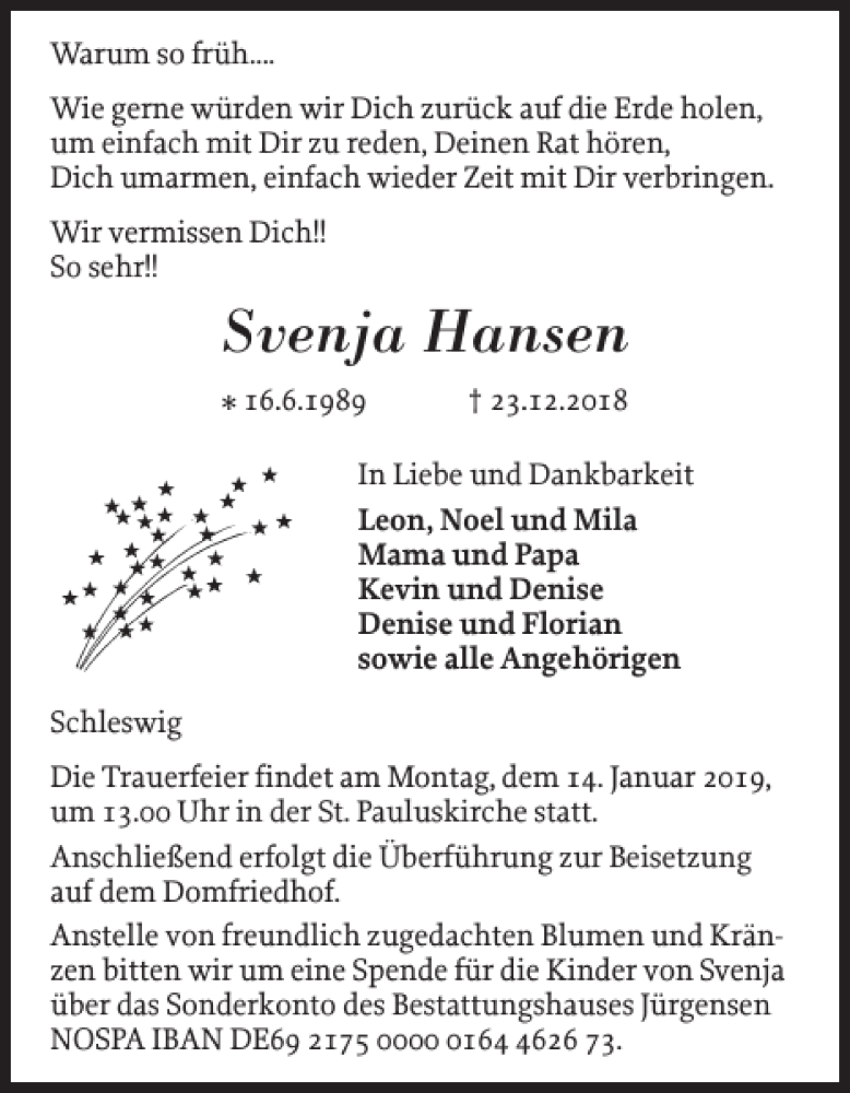  Traueranzeige für Svenja Hansen vom 09.01.2019 aus Schleswiger Nachrichten