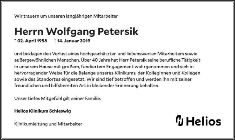  Traueranzeige für Wolfgang Petersik vom 23.01.2019 aus Schleswiger Nachrichten