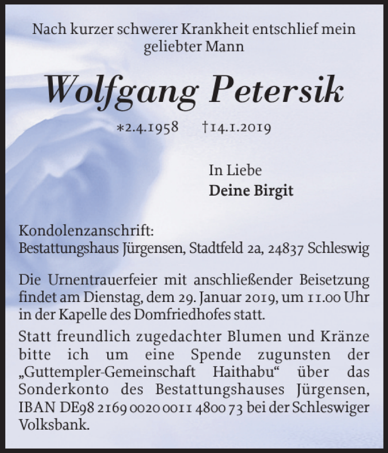  Traueranzeige für Wolfgang Petersik vom 19.01.2019 aus Schleswiger Nachrichten
