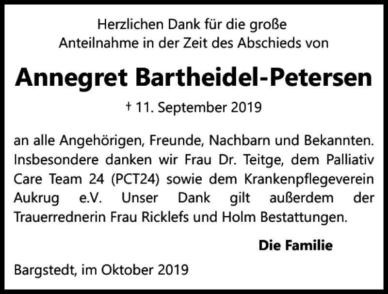 Traueranzeige für Annegret Bartheidel-Petersen vom 23.10.2019 aus Landeszeitung