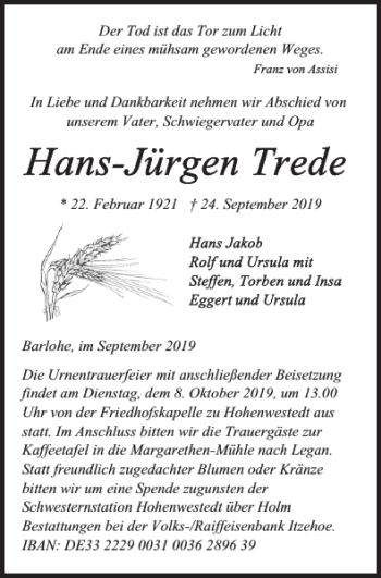 Traueranzeige von Barlohe im von Landeszeitung