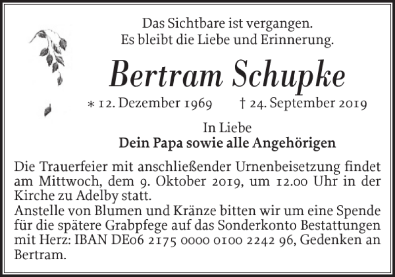  Traueranzeige für Bertram Schupke vom 05.10.2019 aus Flensburger Tageblatt