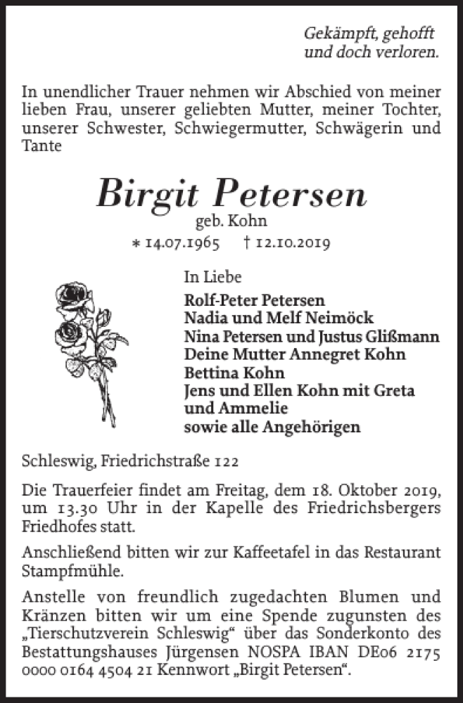  Traueranzeige für Birgit Petersen vom 16.10.2019 aus Schleswiger Nachrichten