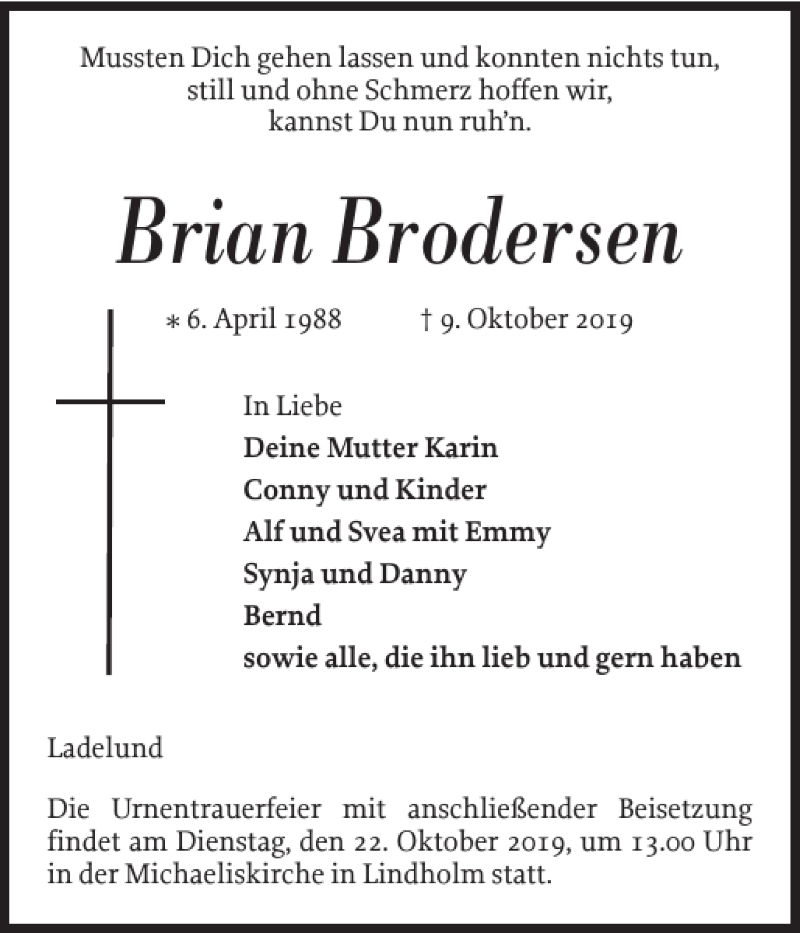  Traueranzeige für Brian Brodersen vom 12.10.2019 aus Nordfriesland Tageblatt