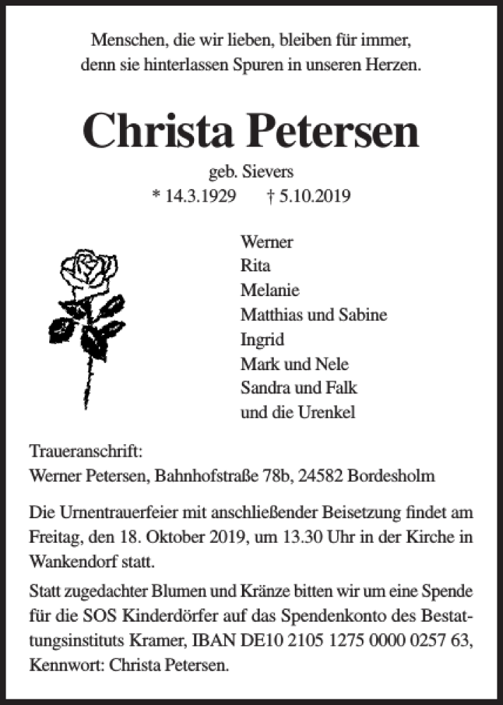 Traueranzeige für Christa Petersen vom 12.10.2019 aus Holsteinischer Courier