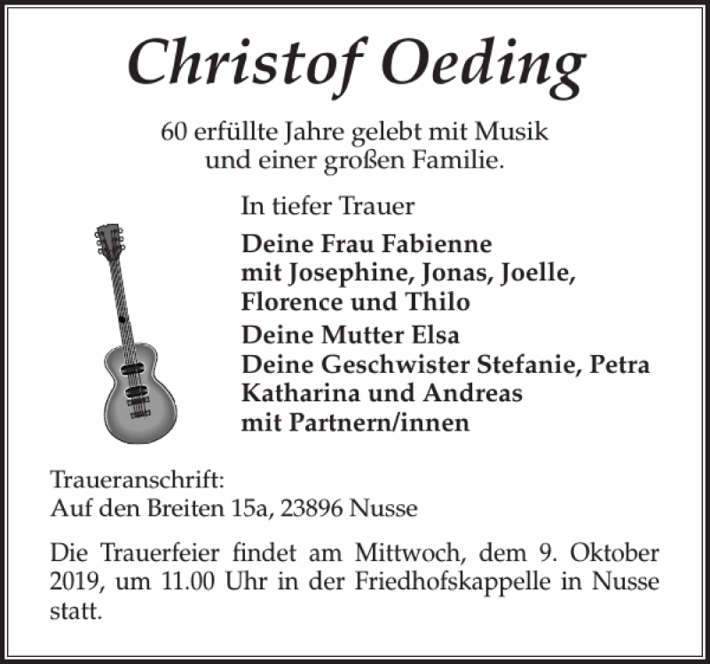  Traueranzeige für Christof Oeding vom 08.10.2019 aus Flensburger Tageblatt