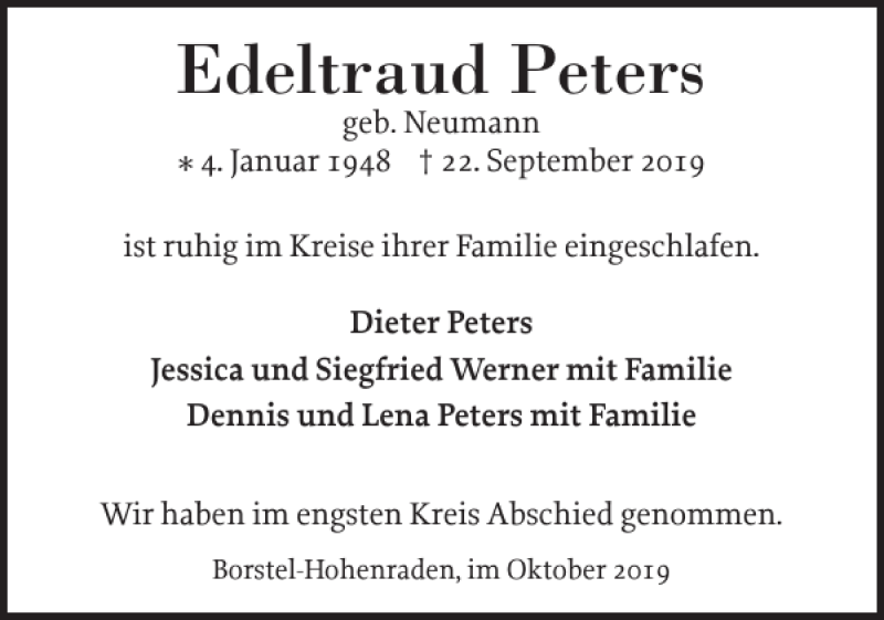  Traueranzeige für Edeltraud Peters vom 05.10.2019 aus Pinneberger Tageblatt