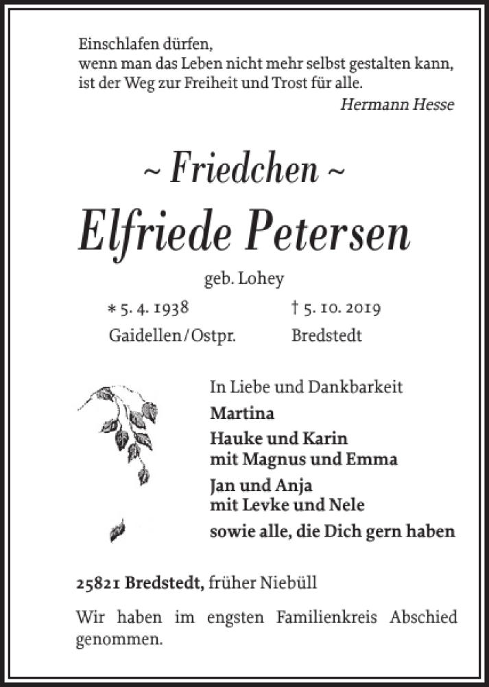  Traueranzeige für Elfriede Petersen vom 12.10.2019 aus Nordfriesland Tageblatt