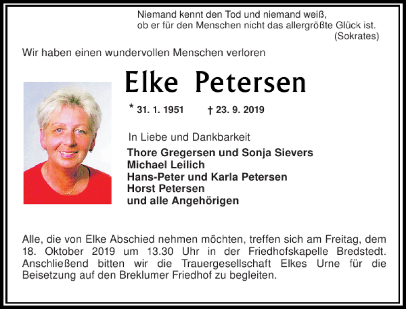  Traueranzeige für Elke Petersen vom 05.10.2019 aus Husumer Nachrichten
