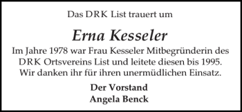 Traueranzeige von Erna Kesseler von Sylter Rundschau